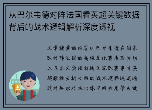 从巴尔韦德对阵法国看英超关键数据背后的战术逻辑解析深度透视